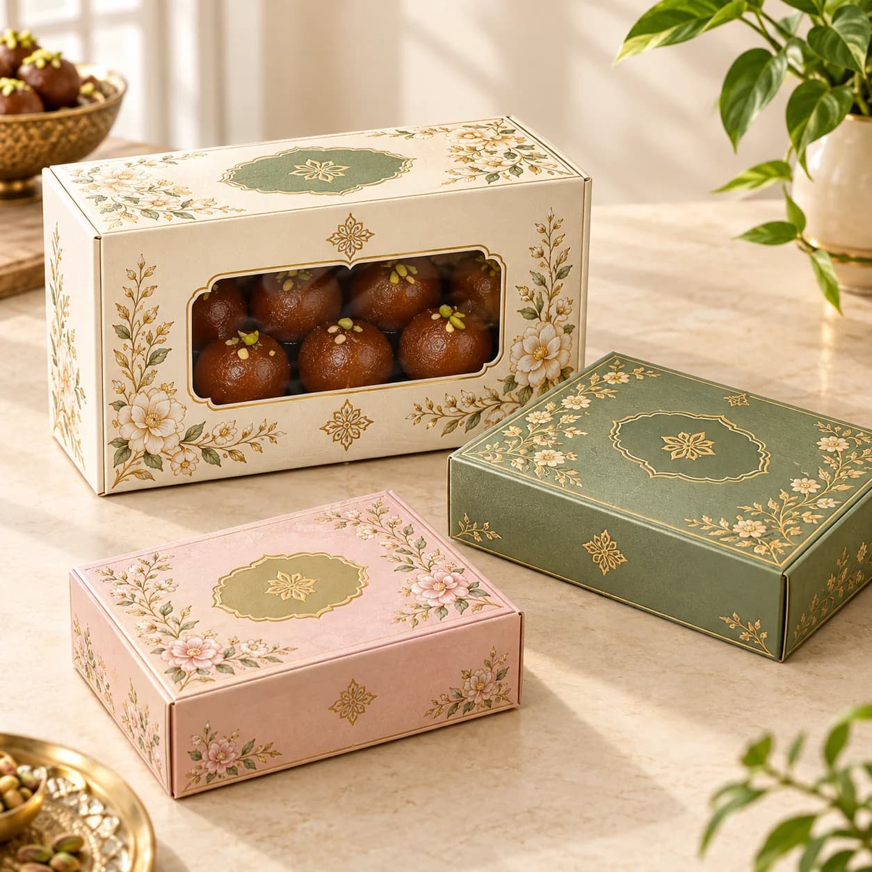 Custom mithai boxes with elegant gold floral printing in Lahore