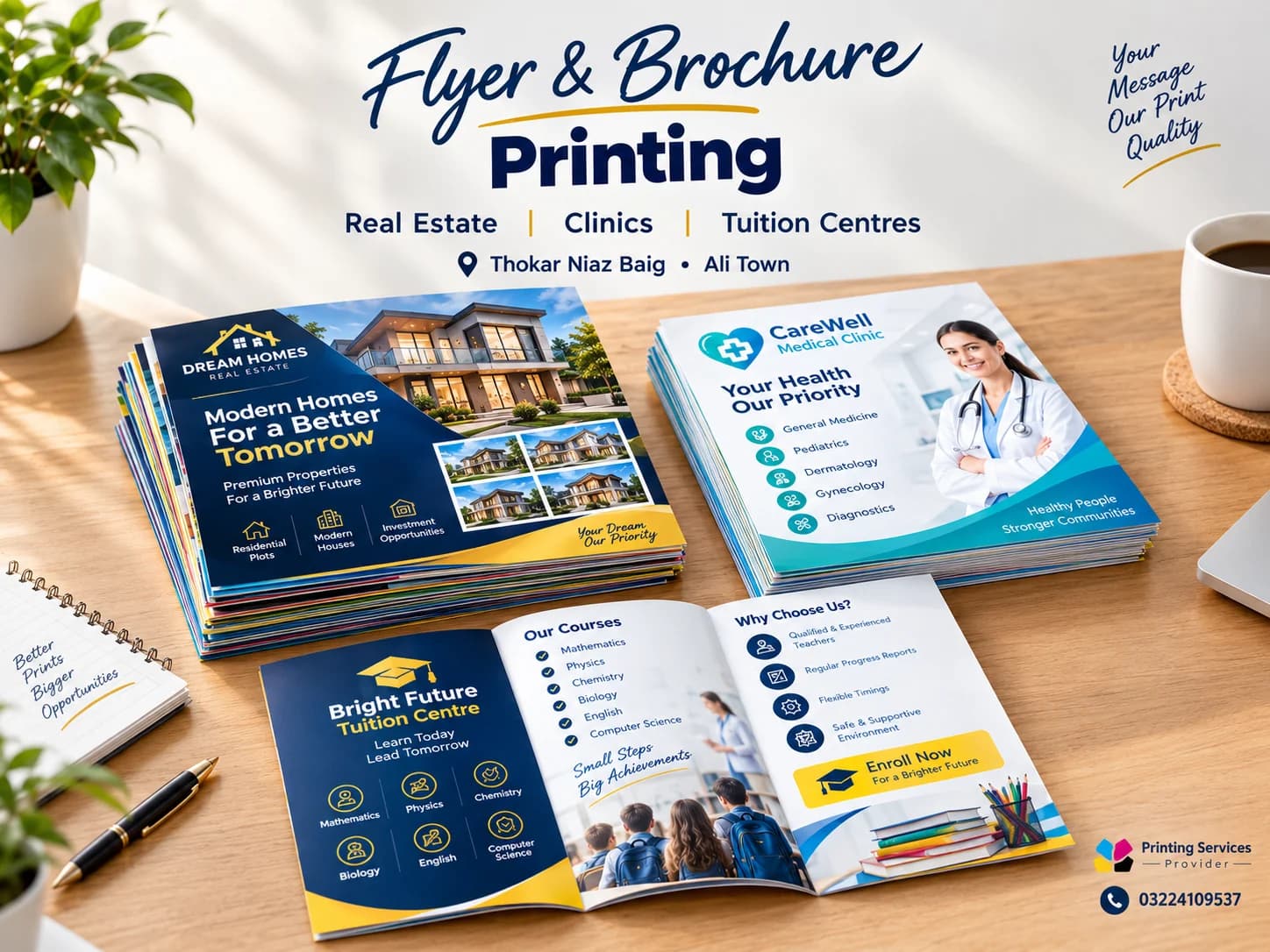 Professional flyer and brochure printing services in Lahore for real estate offices, clinics, tuition centres and local businesses.