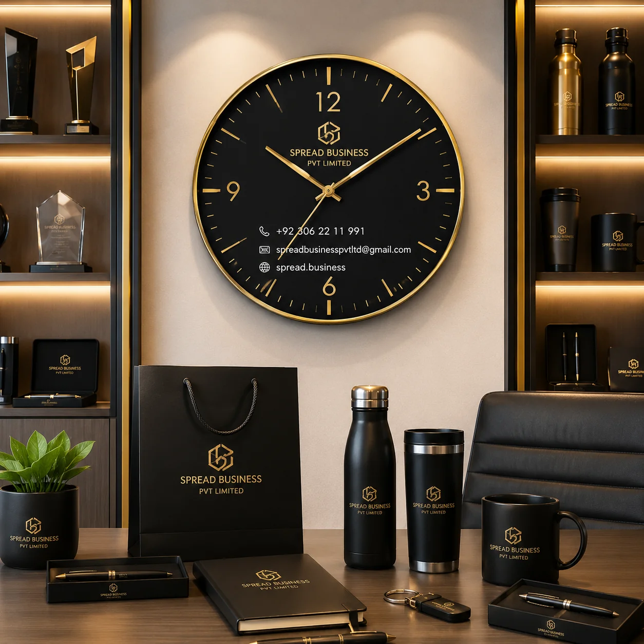 Premium customized corporate wall clock by Spread Business Pvt Ltd hanging in a modern office setup.