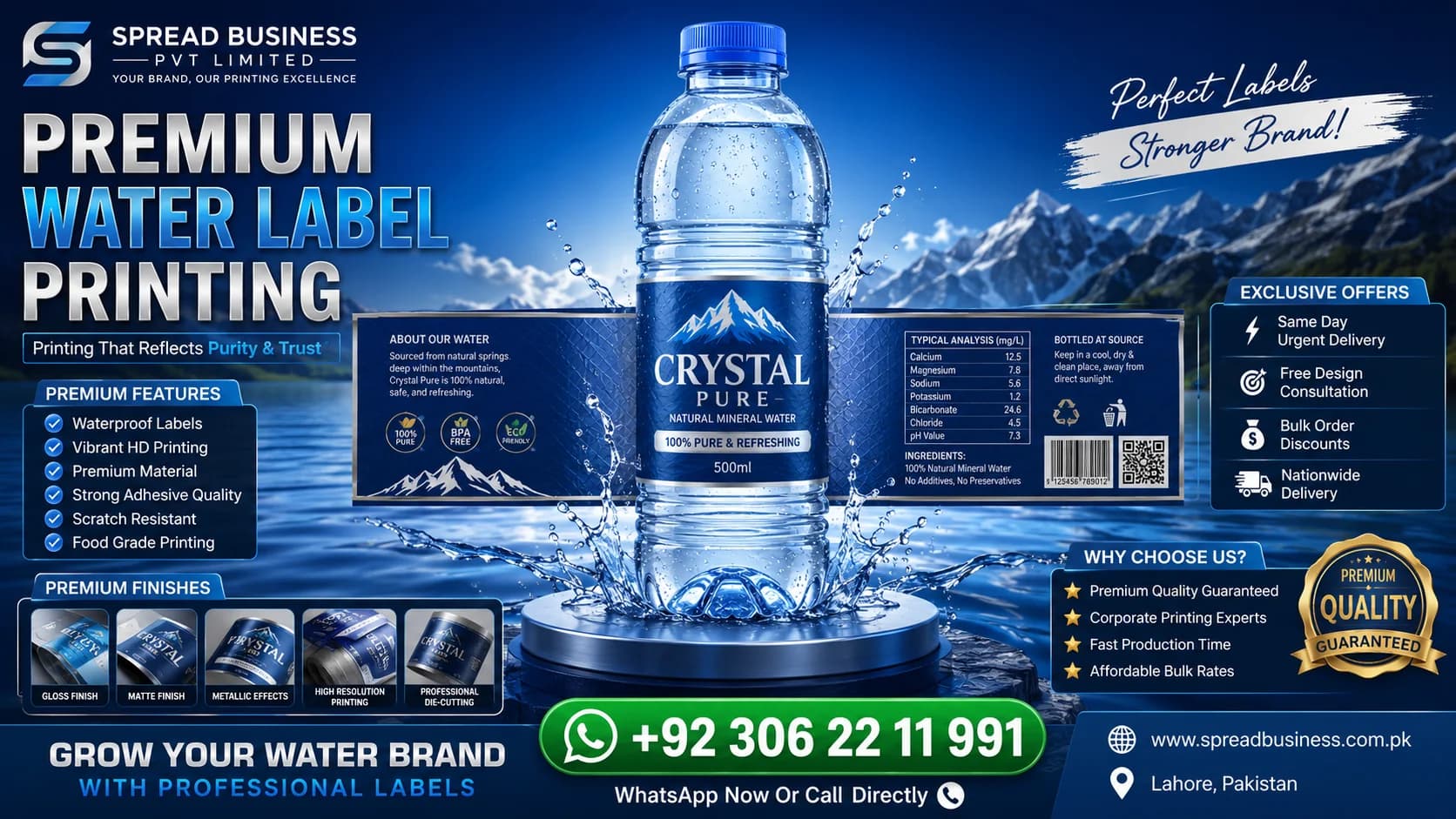 Premium custom water bottle label printing services in Pakistan by Spread Business Pvt Limited featuring waterproof, food-grade, and HD printed bottle labels.